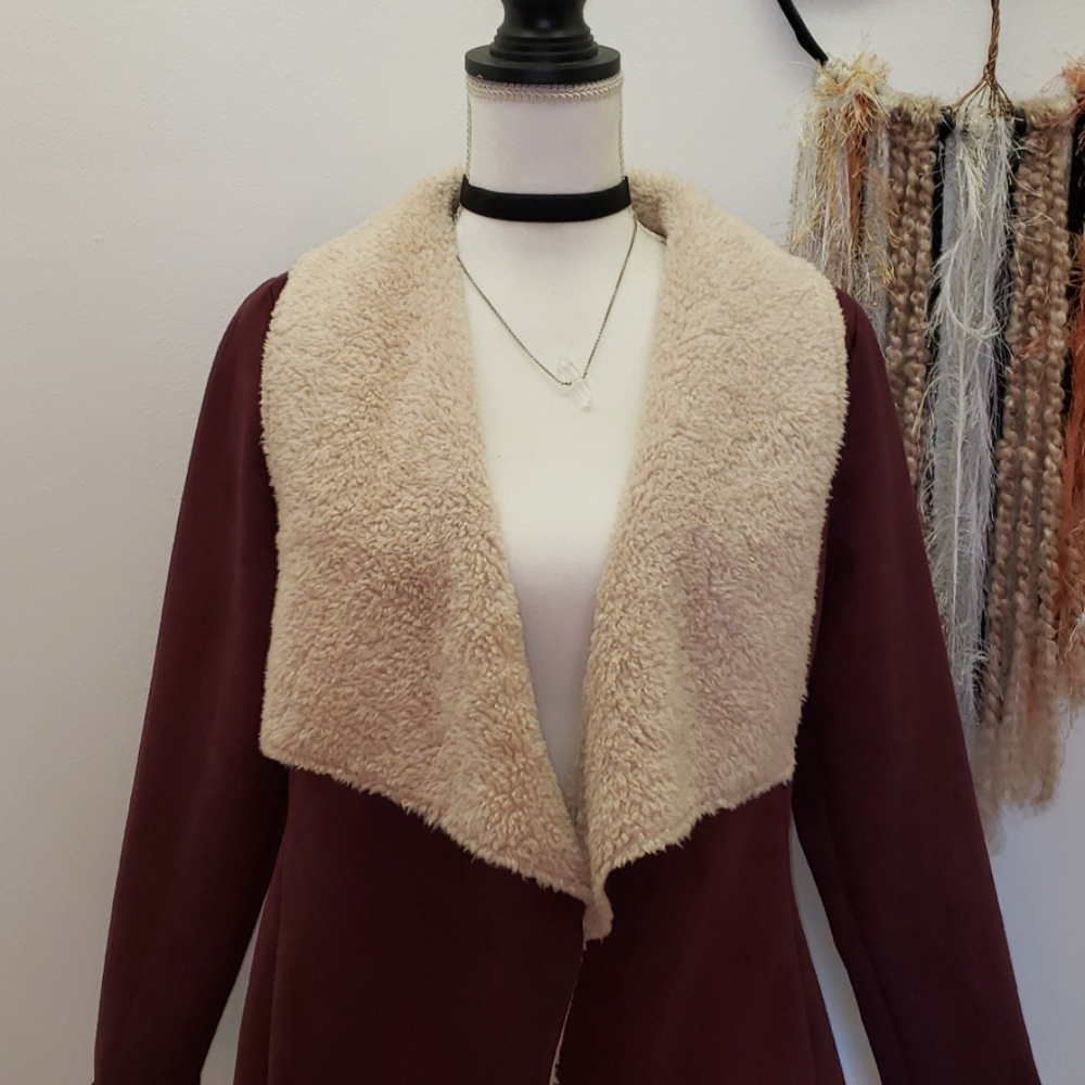 ❄️ Burgundy Sherpa Lined Draped Front Jacket